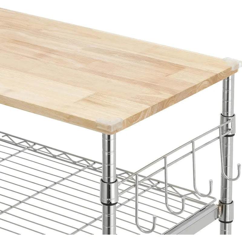 Oak Wood Kitchen Cart with Wheels, Slider Shelf & Hooks for Microwave and Coffee Storage