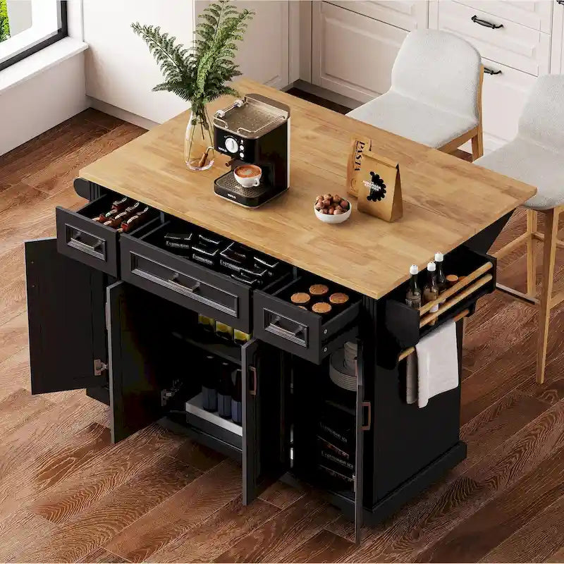Rolling Kitchen Island with Drop Leaf, Cart on Wheels, Moveable Island Table with 4-Door Cabinet & 3 Drawers