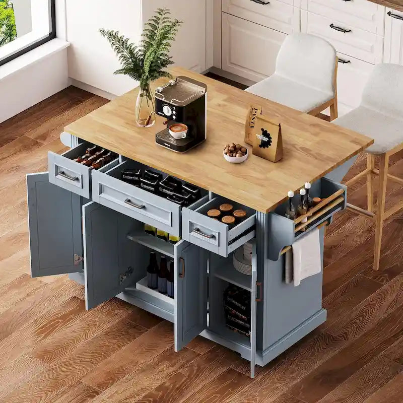 Rolling Kitchen Island with Drop Leaf, Cart on Wheels, Moveable Island Table with 4-Door Cabinet & 3 Drawers