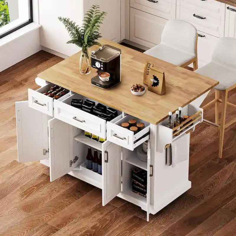 Rolling Kitchen Island with Drop Leaf, Kitchen Island Cart on Wheels, Moveable Island Table with 4 Doors Cabinet & 3 Drawers