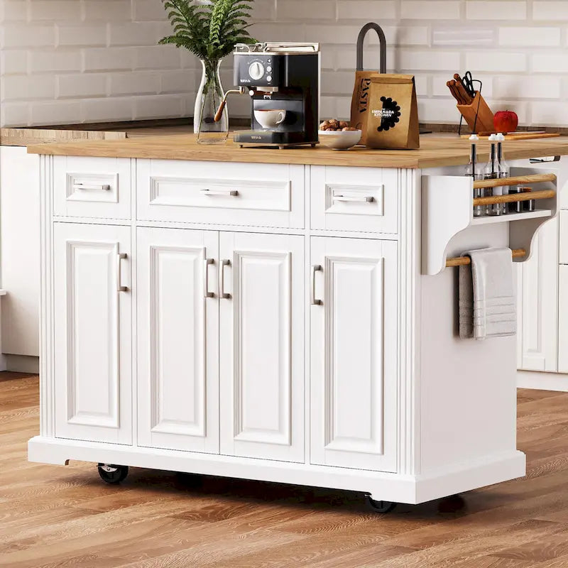 Rolling Kitchen Island with Drop Leaf, Cart on Wheels, Moveable Island Table with 4-Door Cabinet & 3 Drawers