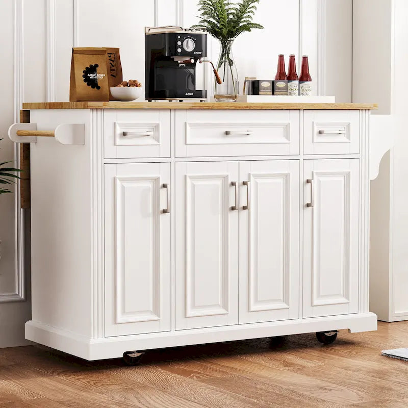 Rolling Kitchen Island with Drop Leaf, Cart on Wheels, Moveable Island Table with 4-Door Cabinet & 3 Drawers