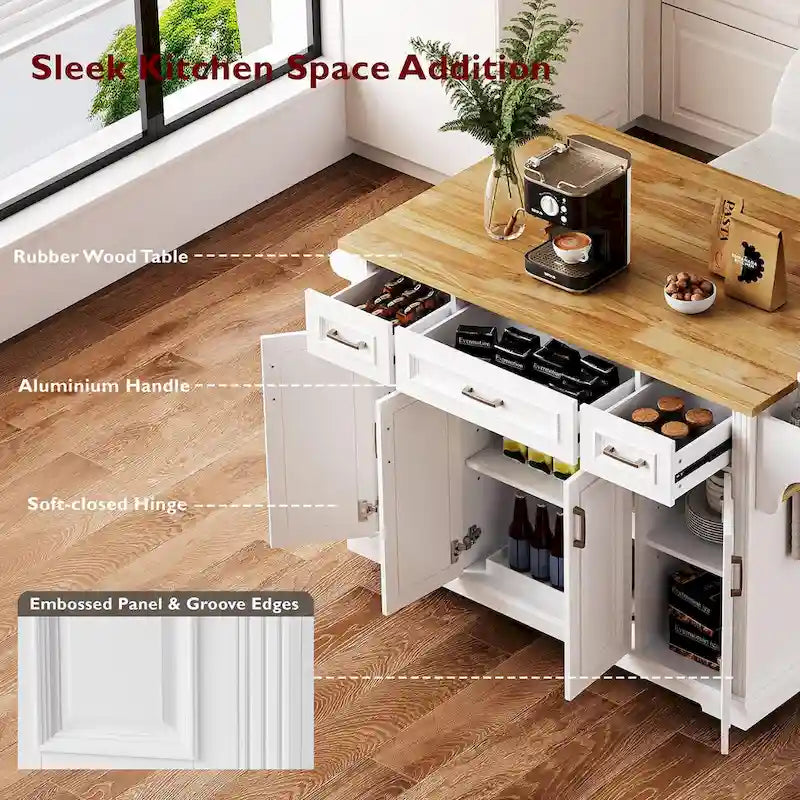 Rolling Kitchen Island with Drop Leaf, Cart on Wheels, Moveable Island Table with 4-Door Cabinet & 3 Drawers