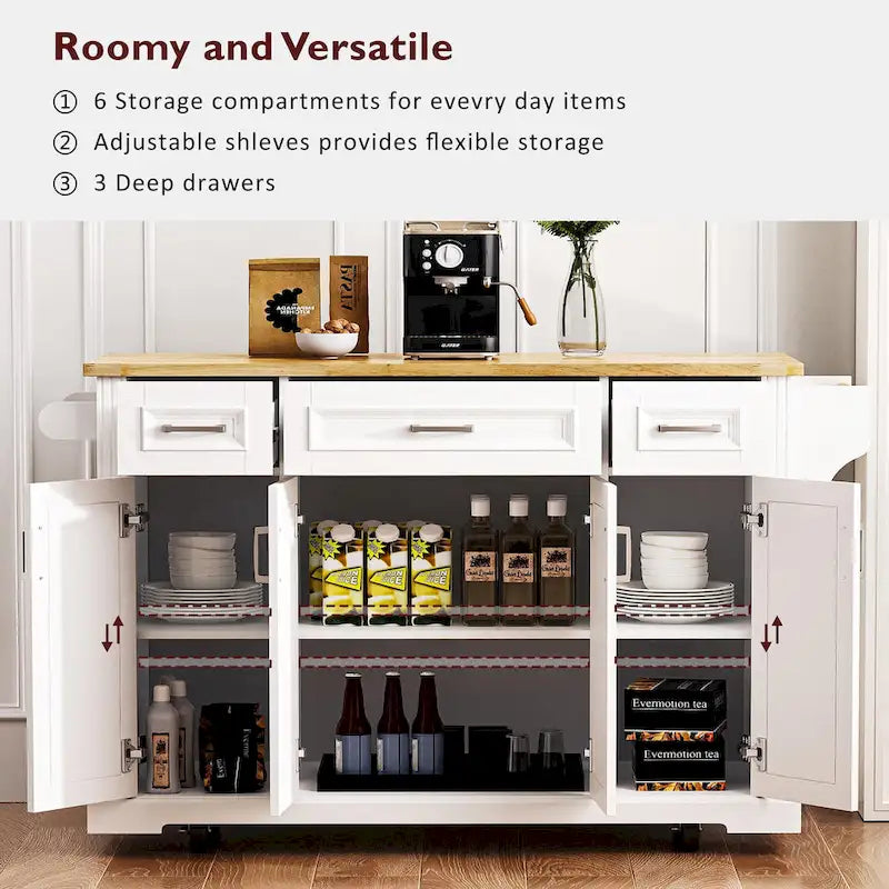 Rolling Kitchen Island with Drop Leaf, Cart on Wheels, Moveable Island Table with 4-Door Cabinet & 3 Drawers