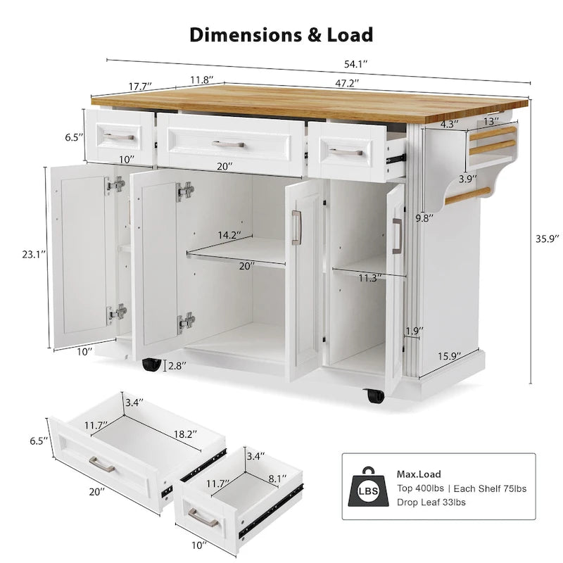 Rolling Kitchen Island with Drop Leaf, Cart on Wheels, Moveable Island Table with 4-Door Cabinet & 3 Drawers