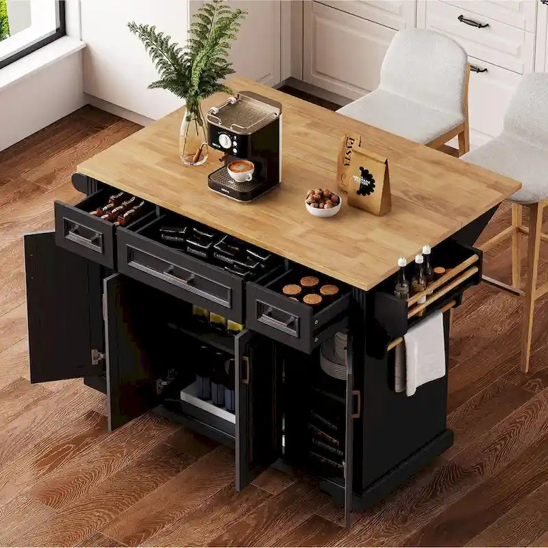 Rolling Kitchen Island with Drop Leaf, Cart on Wheels, Moveable Island Table with 4-Door Cabinet & 3 Drawers