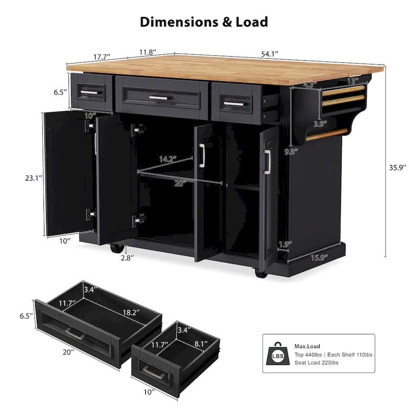 Rolling Kitchen Island with Drop Leaf, Cart on Wheels, Moveable Island Table with 4-Door Cabinet & 3 Drawers