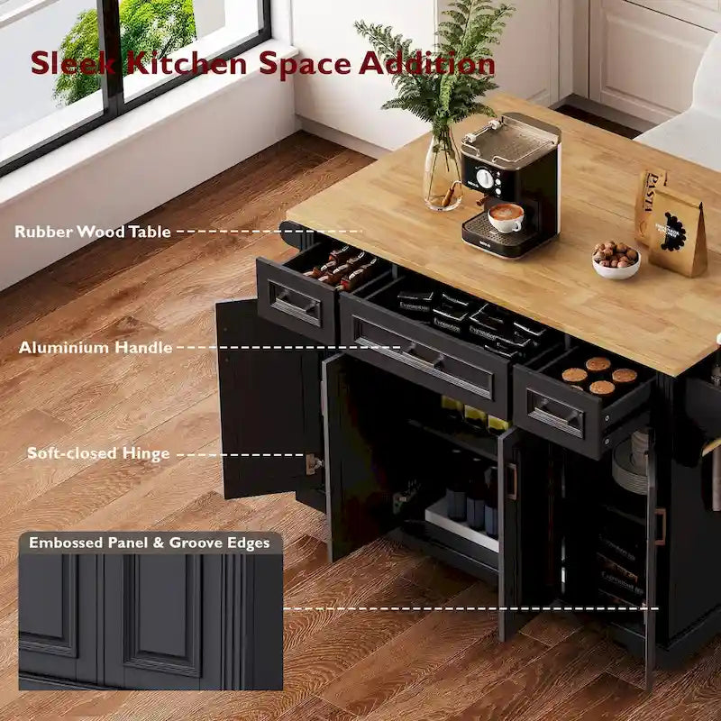 Rolling Kitchen Island with Drop Leaf, Cart on Wheels, Moveable Island Table with 4-Door Cabinet & 3 Drawers