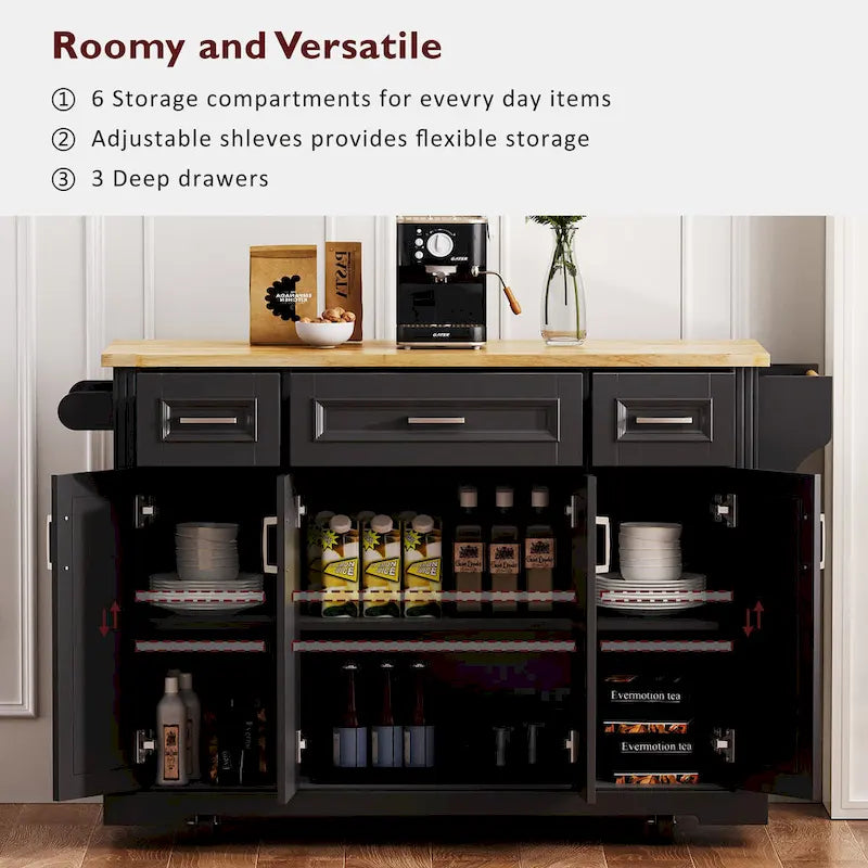 Rolling Kitchen Island with Drop Leaf, Cart on Wheels, Moveable Island Table with 4-Door Cabinet & 3 Drawers
