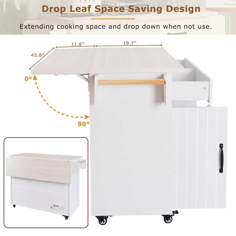 Rolling Kitchen Island Cart with Storage Cabinet & Drop Leaf