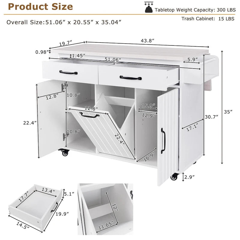 Rolling Kitchen Island Cart with Storage Cabinet & Drop Leaf