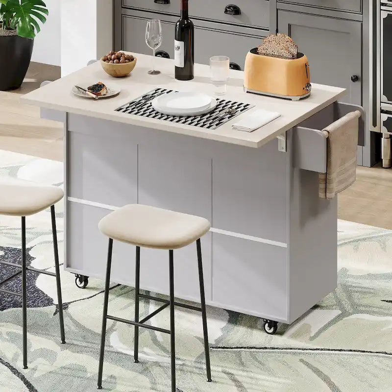 Rolling Kitchen Island Cart with Storage Cabinet & Drop Leaf