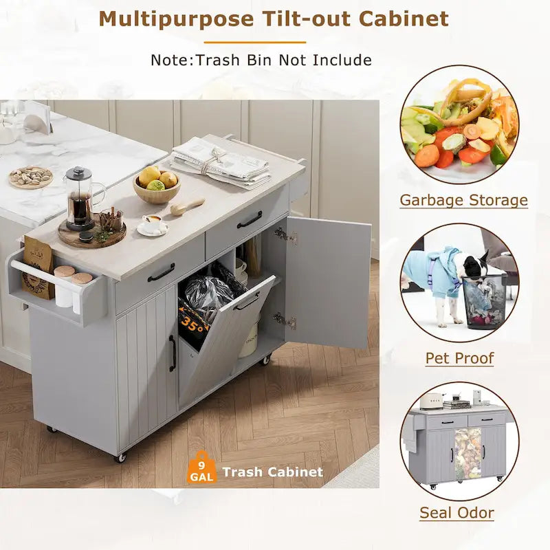 Rolling Kitchen Island Cart with Storage Cabinet & Drop Leaf