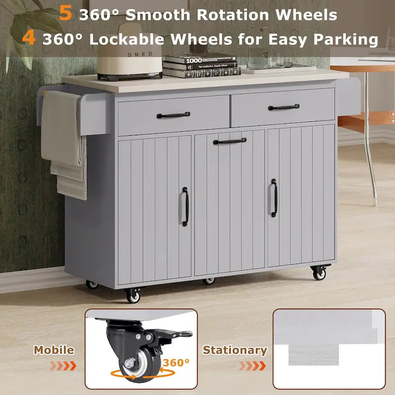 Rolling Kitchen Island Cart with Storage Cabinet & Drop Leaf