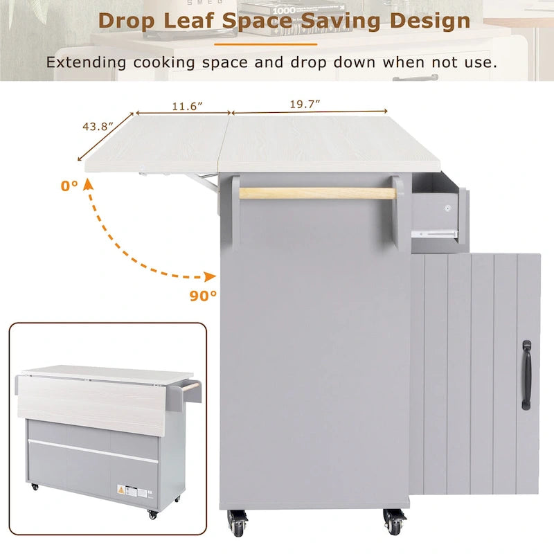 Rolling Kitchen Island Cart with Storage Cabinet & Drop Leaf