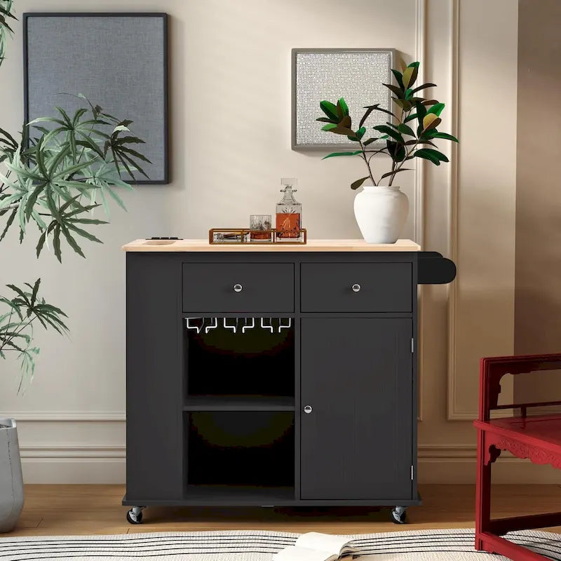 Kitchen Island with Power Outlet, Drop Leaf and 5 Wheels