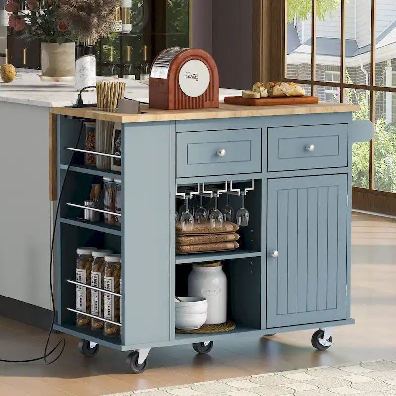 Kitchen Island with Power Outlet, Drop Leaf and 5 Wheels