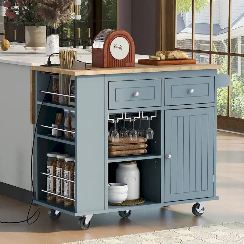 Kitchen Island with Power Outlet, Drop Leaf and 5 Wheels