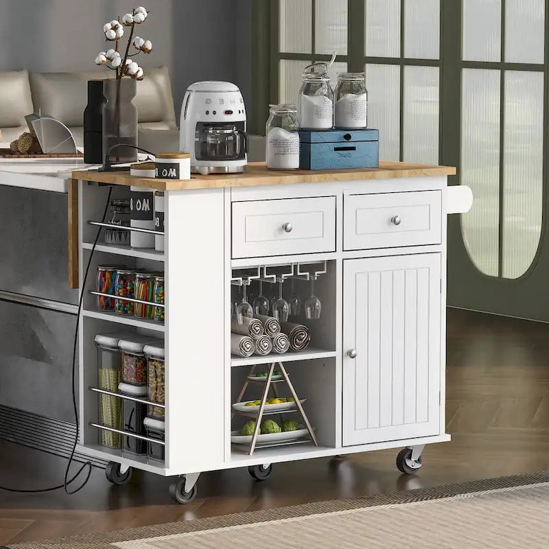Kitchen Island with Power Outlet, Drop Leaf and 5 Wheels