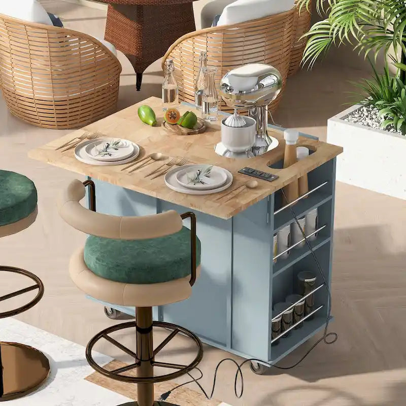 Kitchen Island with Power Outlet, Drop Leaf and 5 Wheels