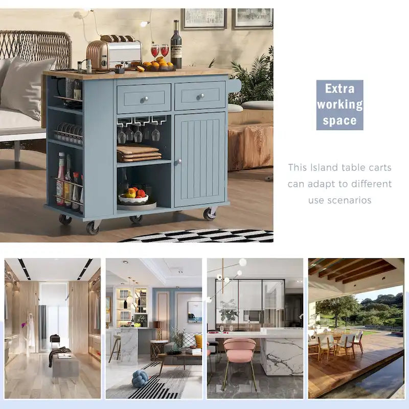 Kitchen Island with Power Outlet, Drop Leaf and 5 Wheels