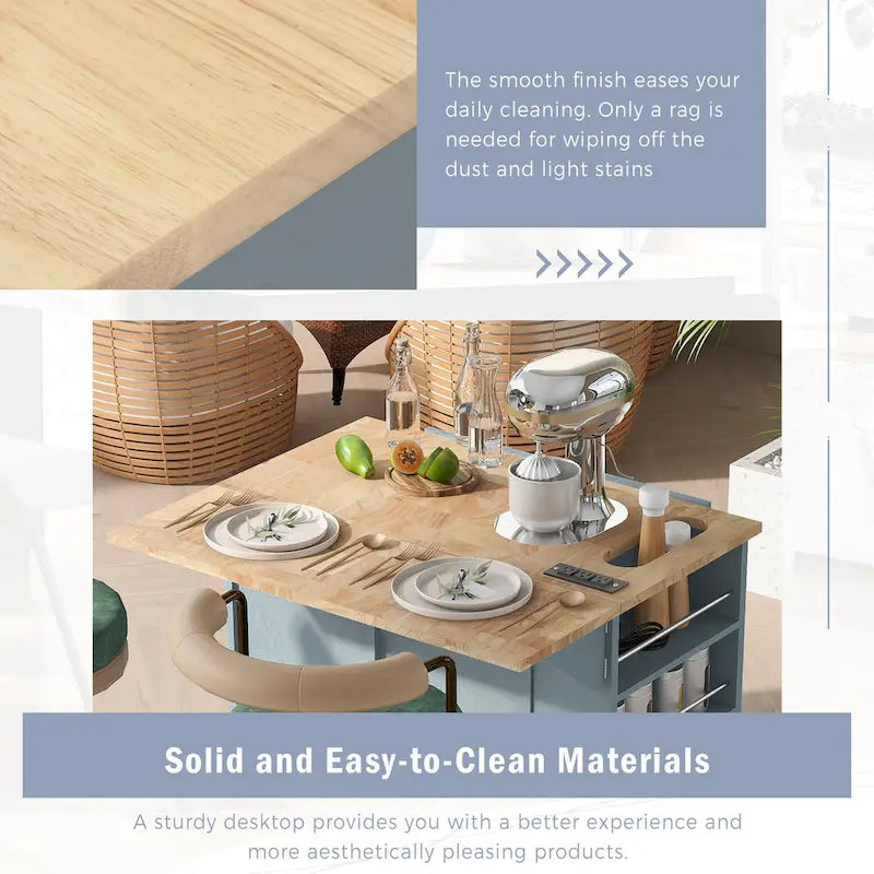 Kitchen Island with Power Outlet, Drop Leaf and 5 Wheels