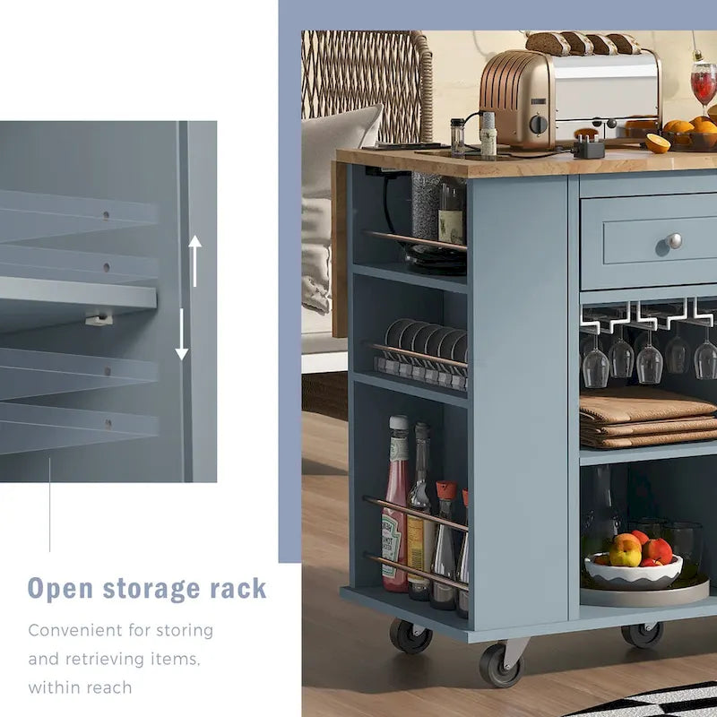 Kitchen Island with Power Outlet, Drop Leaf and 5 Wheels