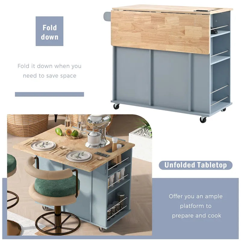 Kitchen Island with Power Outlet, Drop Leaf and 5 Wheels