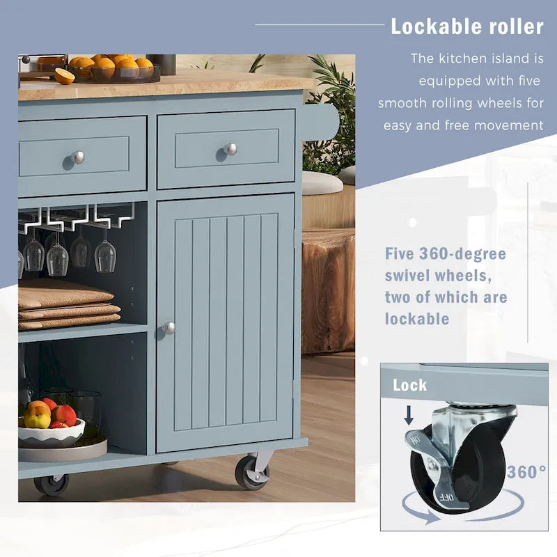 Kitchen Island with Power Outlet, Drop Leaf and 5 Wheels