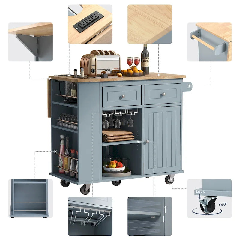 Kitchen Island with Power Outlet, Drop Leaf and 5 Wheels