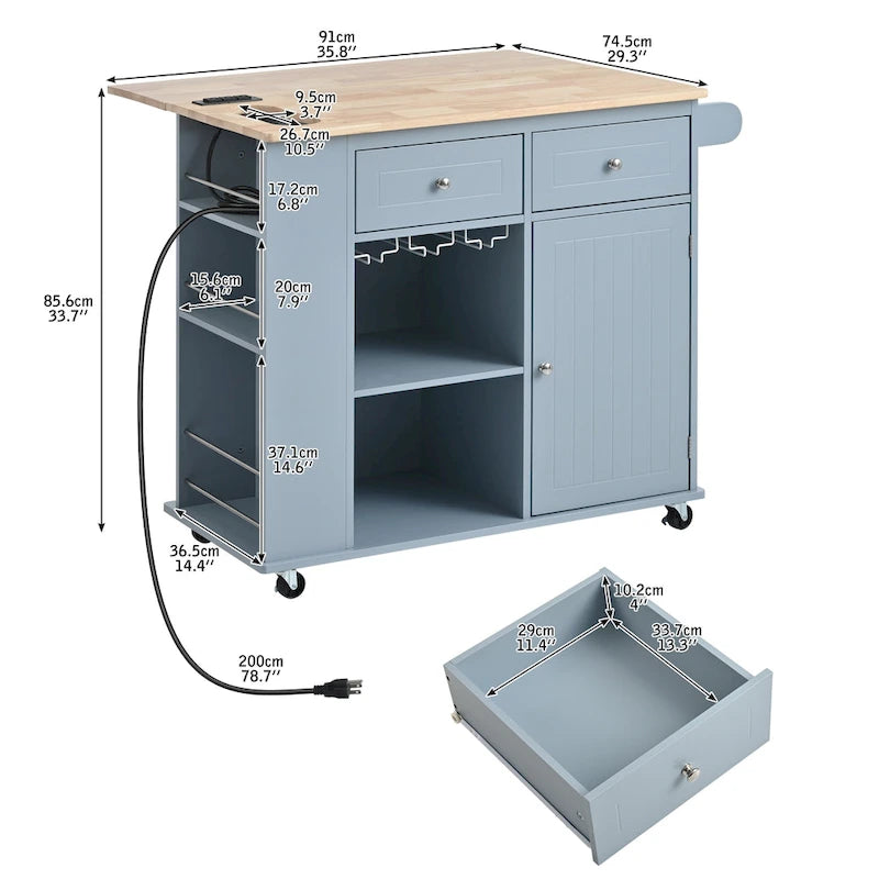 Kitchen Island with Power Outlet, Drop Leaf and 5 Wheels