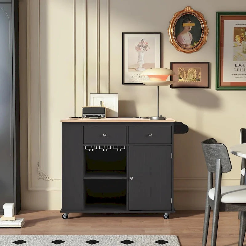 Kitchen Island with Power Outlet, Drop Leaf and 5 Wheels