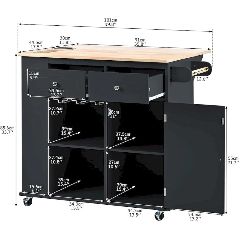 Kitchen Island with Power Outlet, Drop Leaf and 5 Wheels
