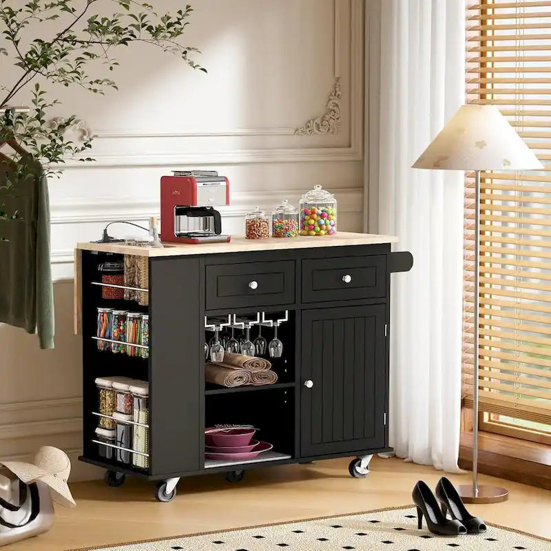 Kitchen Island with Power Outlet, Drop Leaf and 5 Wheels