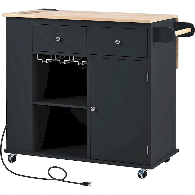 Kitchen Island with Power Outlet, Drop Leaf and 5 Wheels