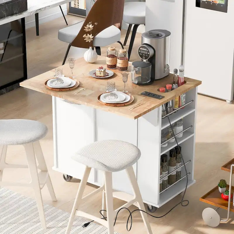 Kitchen Island with Power Outlet, Drop Leaf and 5 Wheels