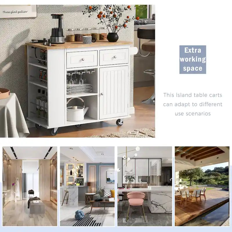 Kitchen Island with Power Outlet, Drop Leaf and 5 Wheels