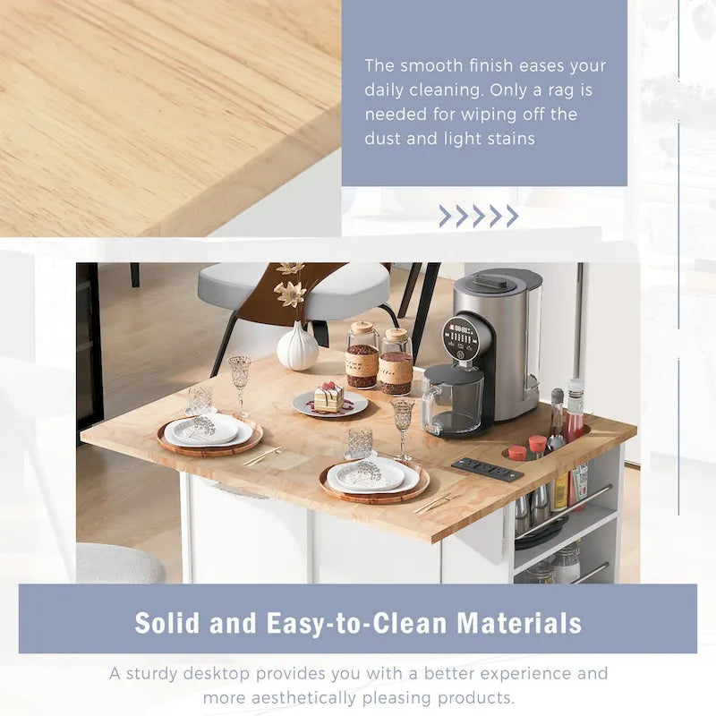Kitchen Island with Power Outlet, Drop Leaf and 5 Wheels