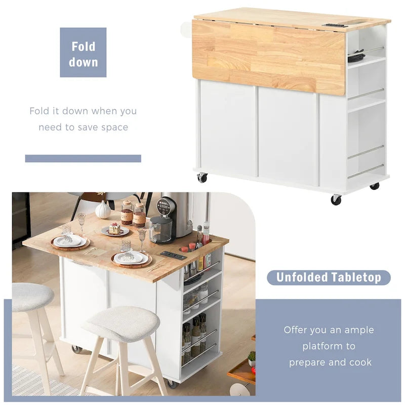 Kitchen Island with Power Outlet, Drop Leaf and 5 Wheels