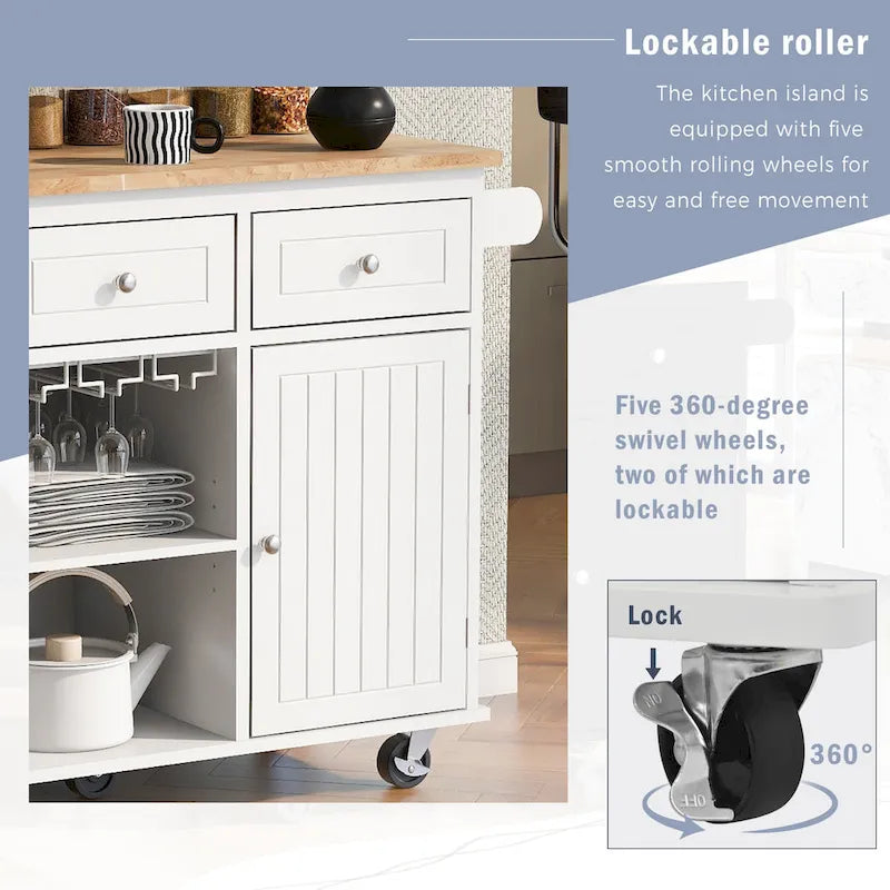 Kitchen Island with Power Outlet, Drop Leaf and 5 Wheels