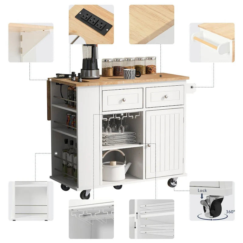 Kitchen Island with Power Outlet, Drop Leaf and 5 Wheels