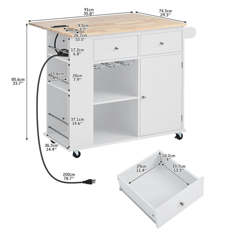 Kitchen Island with Power Outlet, Drop Leaf and 5 Wheels