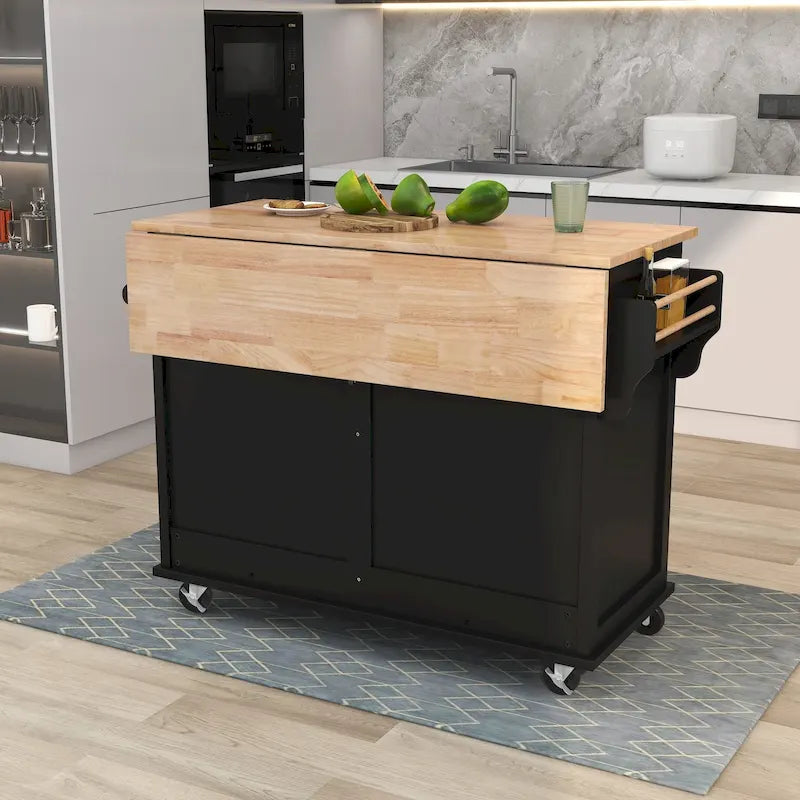 Kitchen Cart with Drop-Leaf Countertop and Sliding Barn Door