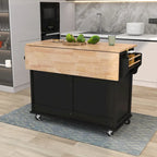 Kitchen Cart with Rubber wood Drop-Leaf Countertop, Concealed sliding barn door adjustable height