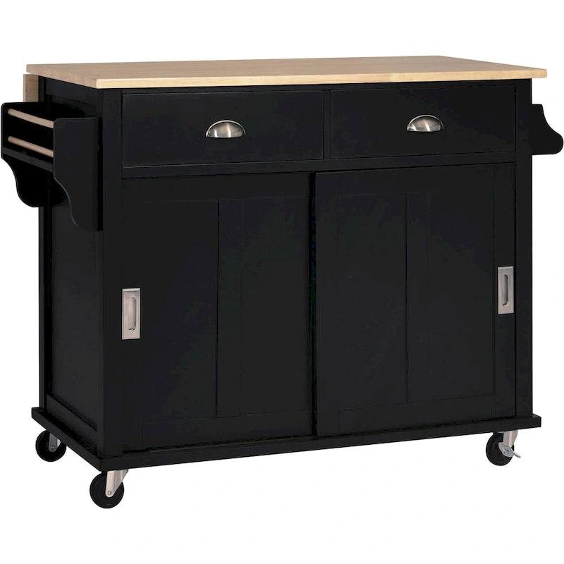 Kitchen Cart with Drop-Leaf Countertop and Sliding Barn Door