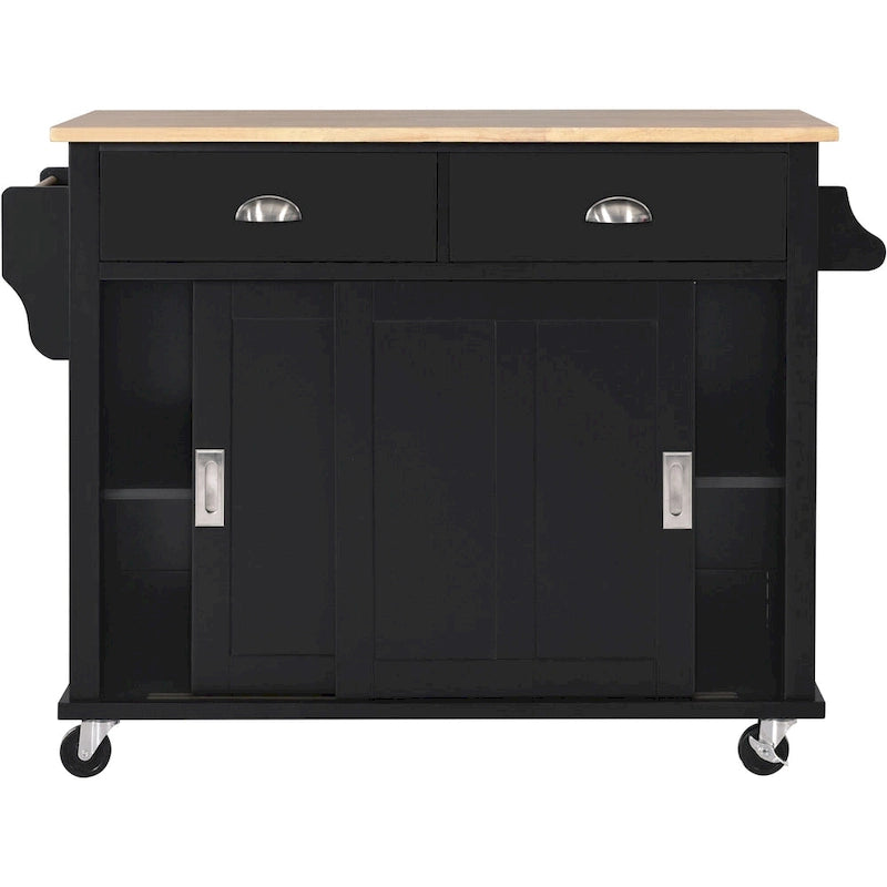 Kitchen Cart with Drop-Leaf Countertop and Sliding Barn Door