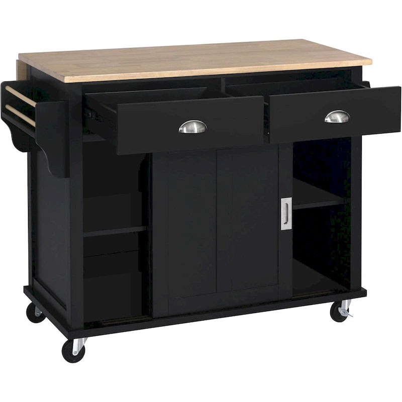 Kitchen Cart with Drop-Leaf Countertop and Sliding Barn Door