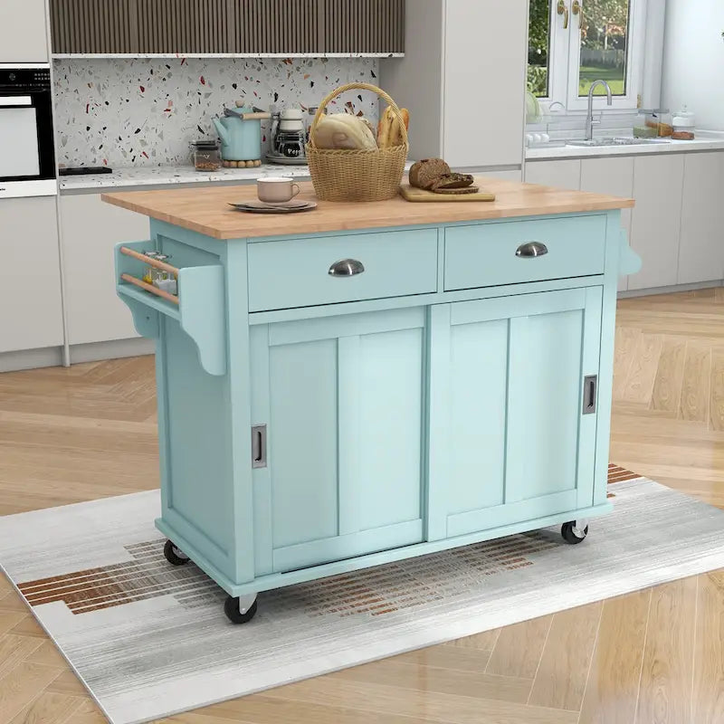 Kitchen Cart with Drop-Leaf Countertop and Sliding Barn Door