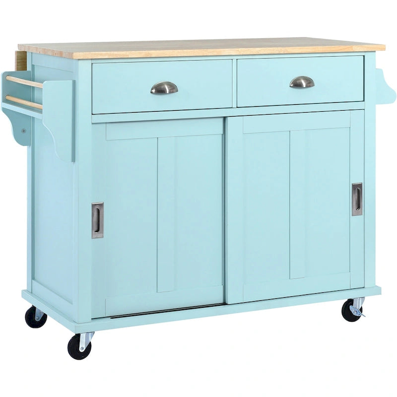 Kitchen Cart with Drop-Leaf Countertop and Sliding Barn Door