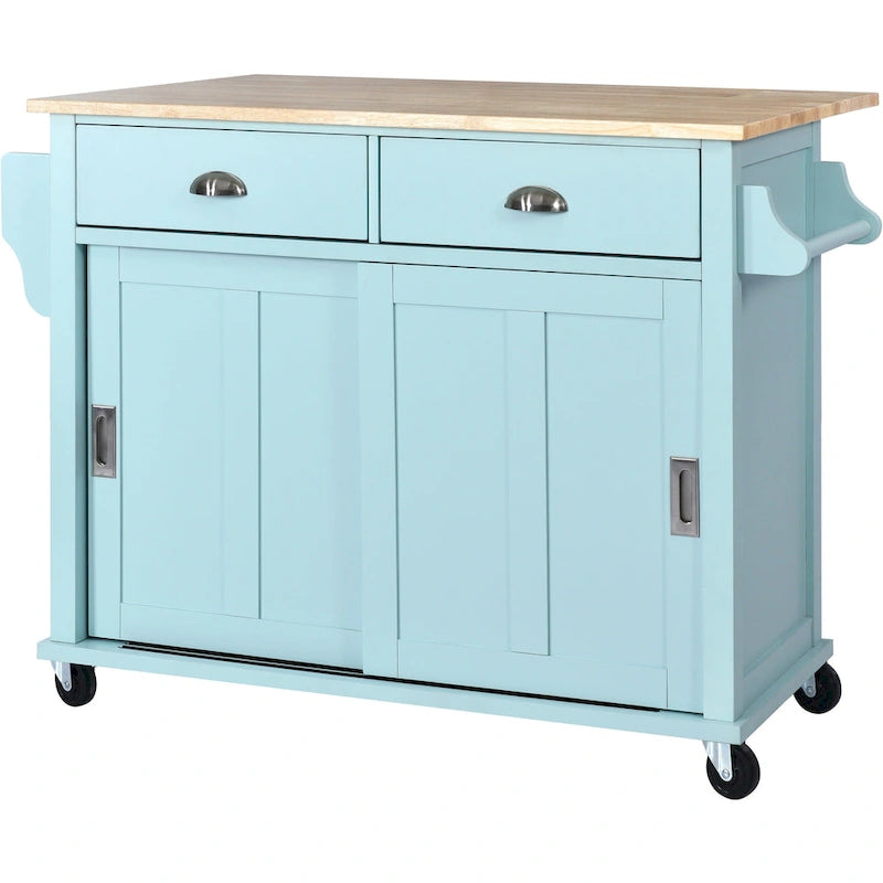 Kitchen Cart with Drop-Leaf Countertop and Sliding Barn Door